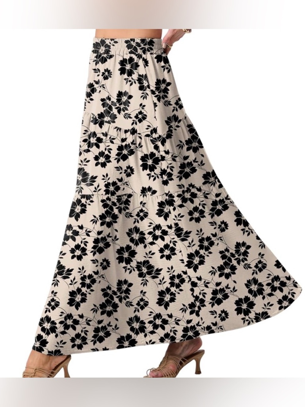 Cream Maxi Skirt with Black Floral Print. Size Large - Picture 2 of 3